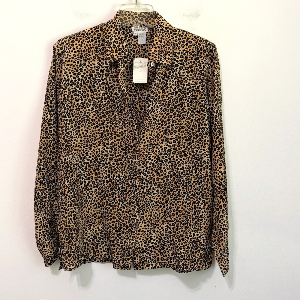 Allison Taylor Silk Blouse M Vintage Button Front Cheetah Party Cocktail NEW